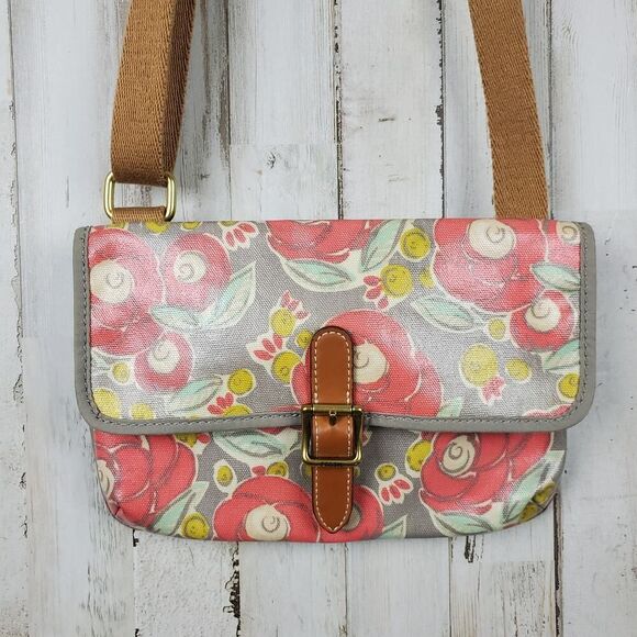 Fossil Floral Oil Cloth Crossbody Bag Purse Pink Gray - Picture 1 of 11